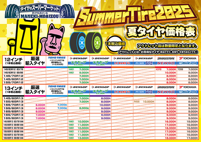 2025夏タイヤ価格表（12インチ～13インチ）