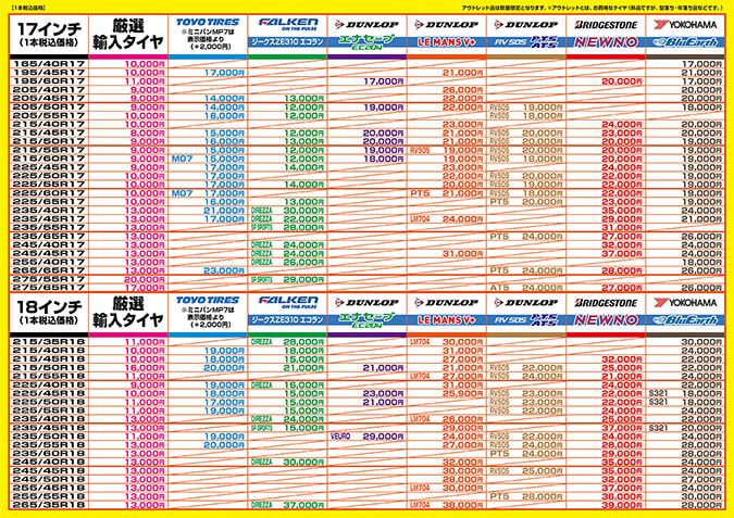 2025夏タイヤ価格表（17インチ～18インチ）