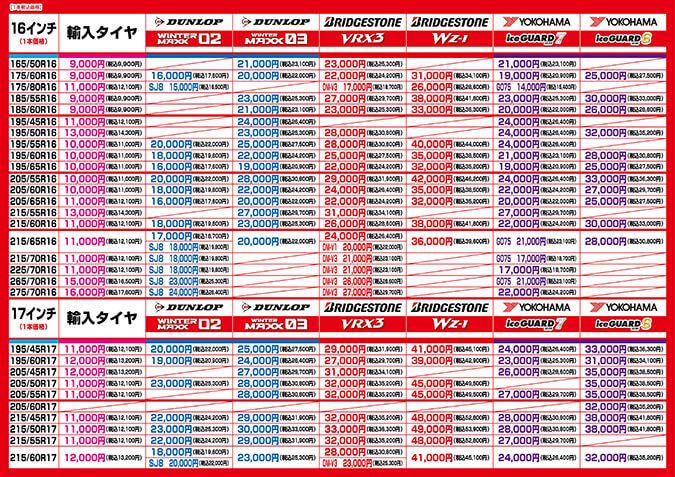 2025スタッドレスタイヤ価格表16インチ～17インチ