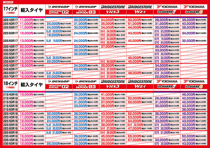 2025スタッドレスタイヤ価格表17インチ～18インチ