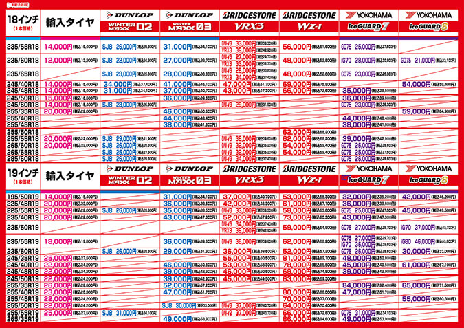 2025スタッドレスタイヤ価格表18インチ～19インチ