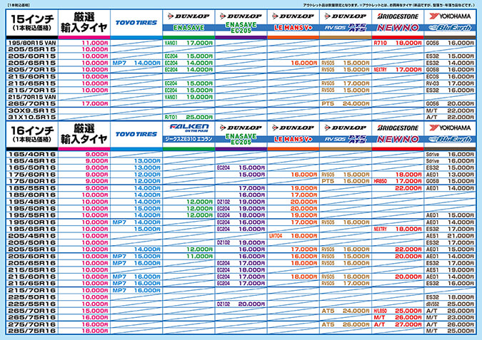 2026夏タイヤ価格表（15インチ～16インチ）