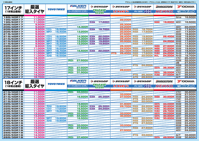 2026夏タイヤ価格表（17インチ～18インチ）